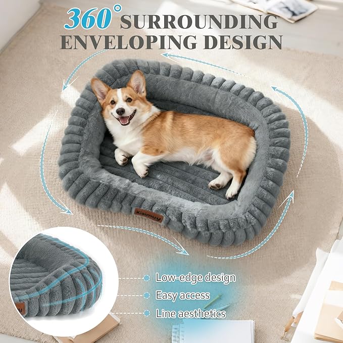 Orthopedic Dog Bed for Small Medium Dogs & Cats - Soft Furry Puppy Bed with Removable Washable Cover & Anti-Slip Bottom, Calming Rectangle Cat & Puppy Bed for Indoor Pets, 25x21x4inches, Grey