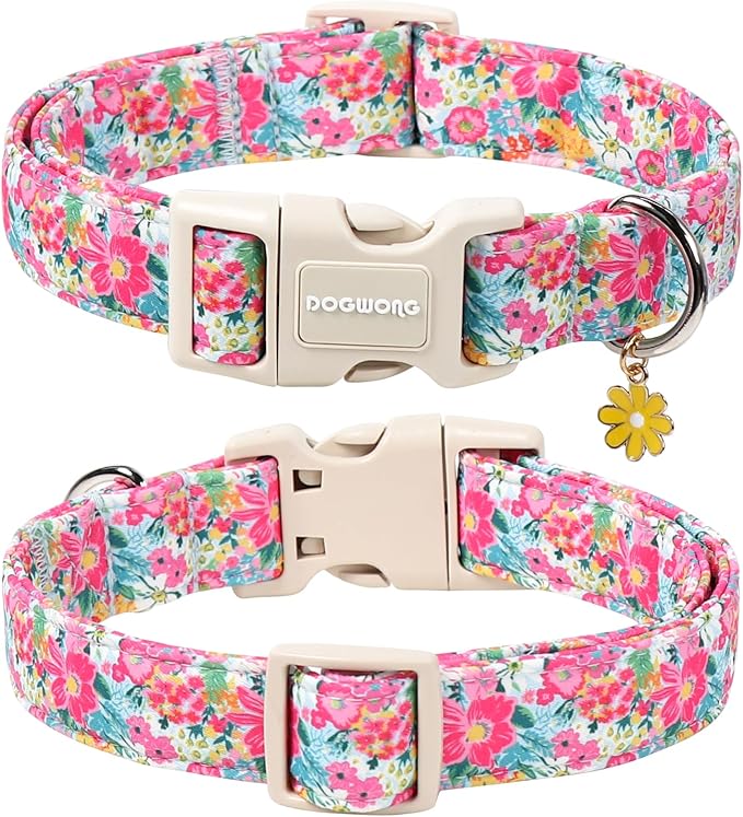 DOGWONG Spring Flower Dog Collar-Cute Floral Daisy Dog Collar, Adjustable Soft Girl Female Dog Collar for Small Medium Dogs, S