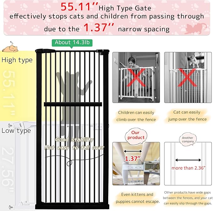 Lumizone Extra Tall Pet Gate 55.12" High Pressure Mounted 34.06"-38.38" Extra Wide (9 Sizes) 1.37" Gap for Cat Dog Stairs Doorway Hallway No Drilling Auto-Close (34.06"-38.38" W, Black)
