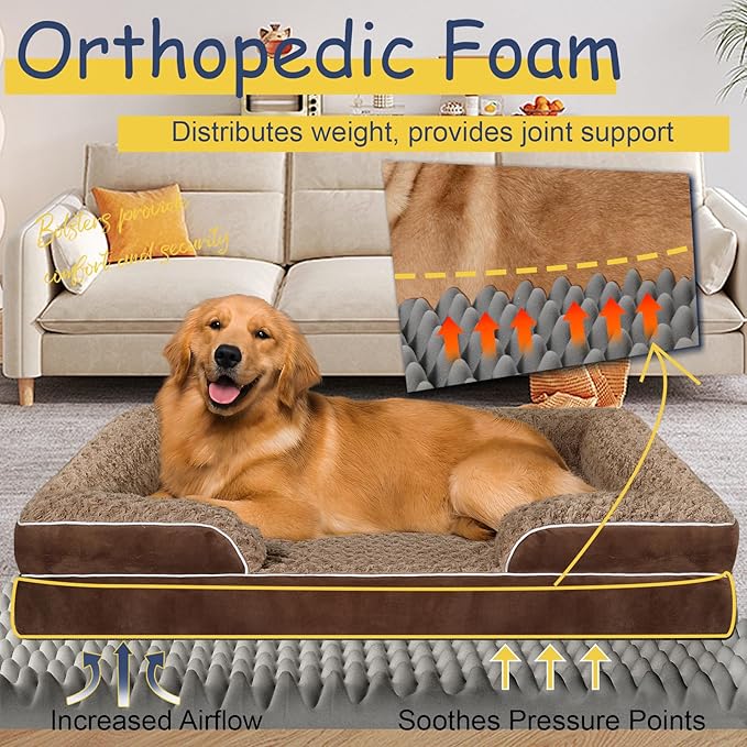 Orthopedic Dog Bed for Large Medium Sized, Washable Memory Foam Large Dog Bed, Durable Medium Pet Sofa with Removable Cover, Washable Waterproof Pet Couch Beds(Brown, XL)