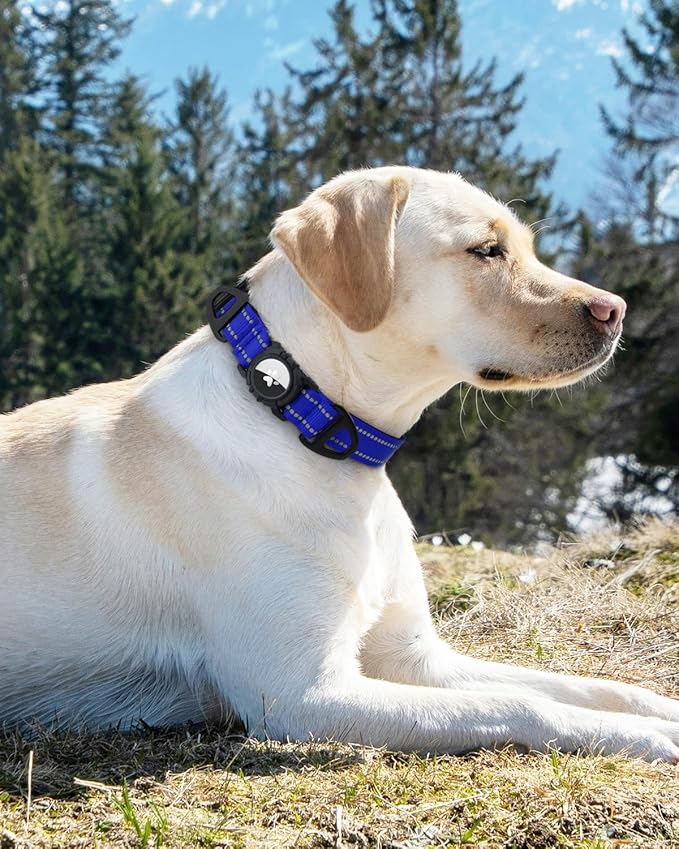 Joytale Airtag Dog Collar, Reflective Pet Collar with Waterproof AirTag Holder, Dual D-Rings, Soft Padded Adjustable for Large Dogs, Navy Blue, L