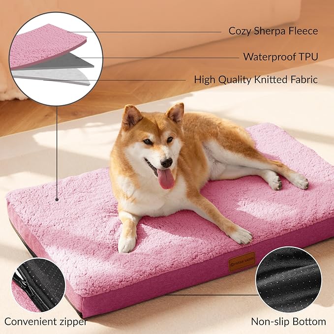 Patas Lague Orthopedic XL Dog Bed Large Sized Dog 48''X30'', Soft Waterproof Egg Crate Foam Large Pet Crate Beds Mat with Removable Washable Cover and Non-Slip Bottom, Hot Pink
