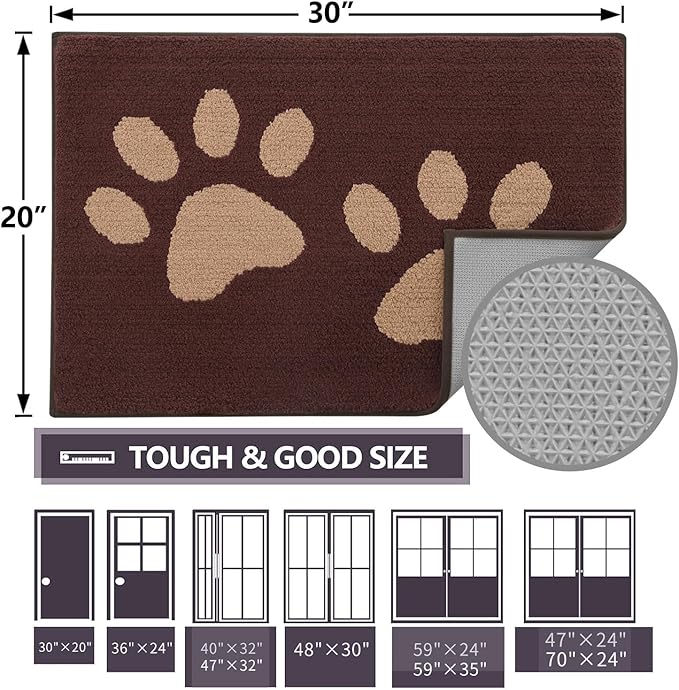 Buganda Dog Door Mat for Muddy Paws, Absorbent Dirt Trapper Washable Indoor Doormats, Non Slip Low-Profile Mud Mat for Dogs, Front Entrance Doormat for Inside Floor (30x20 Inches, Brown)