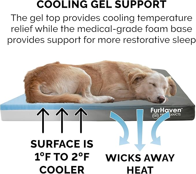 Furhaven Water-Resistant Cooling Gel Dog Bed for Medium/Small Dogs w/ Removable Washable Cover, For Dogs Up to 35 lbs - Indoor/Outdoor Logo Print Oxford Polycanvas Mattress - Stone Gray, Medium