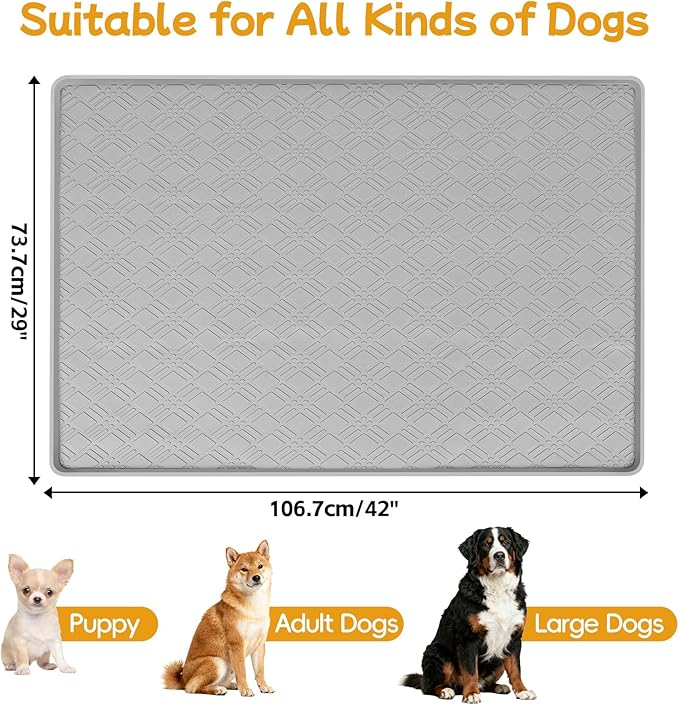 Lanstics Dog Food Mat, 42" x29" Large Silicone Mat Dog Feeding Mat with Raised Edge Non-Slip Pet Feeding Mat for Food and Water Bowl, Easy to Clean, Floor Protection (Light Gray)