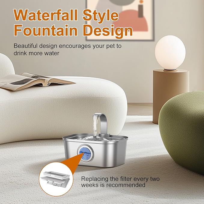 Bobo&Dragon Stainless Steel Cat Water Fountain 124oz/3.5L, Ultra Quiet Automatic Pet Water Dispenser for Multiple Cats & Dogs, 6-Layer Filtration, Smart Window, Built-in 8+8 Replacement Filters
