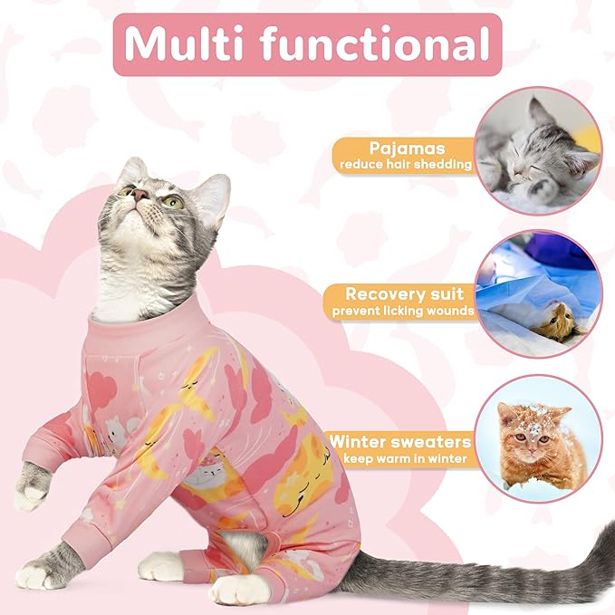 PUMYPOREITY Cat Hair Sticky Sweater, Stretchy 4-Leg Design for Fur Control, Recovery Suit - Breathable & Lightweight for Post-Surgery Protection, Cat Onsie Prevents Licking Wounds, Pink, 2XL