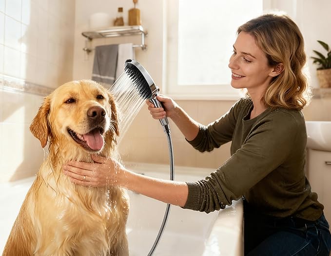 G-Promise 3 Mode Dog Shower Attachment with Pause Mode, Dog shower Sprayer with 100 Inches Hose, Metal Diverter, Adhesive Holder, for Fast and Easy Dog Bathing and Cleaning Indoor and Outdoor(Chrome)