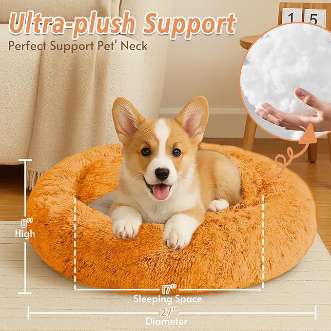 JOLLYVOGUE Calming Dog Bed Medium Size Dog, Anti-Anxiety Donut Medium Pet Bed, 27 inches Fluffy Faux Fur Round Cat Bed (Orange)