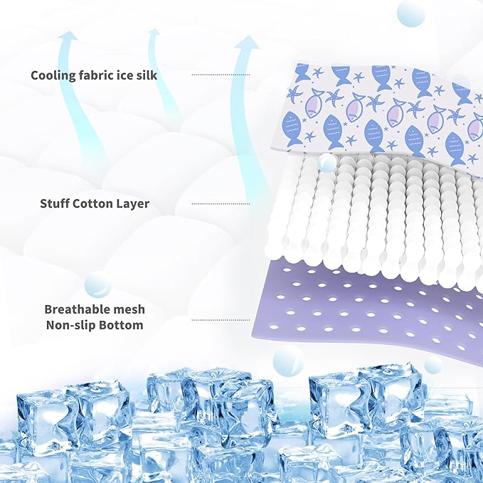 NWK Pet Cooling Mat - Ice Silk Cooling Mat for Dogs & Cats Portable & Washable Pet Cooling Blanket, Car Seats, Beds for Summer (1, Purple Fish, 27‘’ X 39‘’ X 0.3'')
