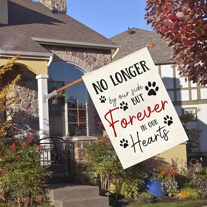 Pet Memorial House Flag No Longer By My Side Forever in Our Heart 28x40 Inch Double Sided Burlap Pawprints Lost Pet Cat Dog Bereavement Gift Outdoor Yard Decor