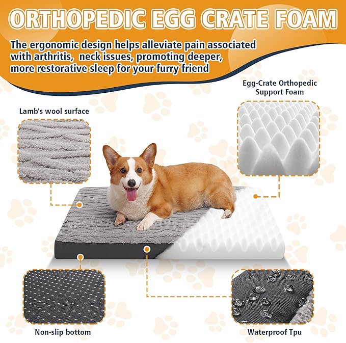 Orthopedic Dog Bed - Waterproof & Machine Washable Plush Pet Bed with Non-Slip Bottom, Soft Memory Foam Mattress for Small Dogs and Cats, 23x17 Inch, Grey