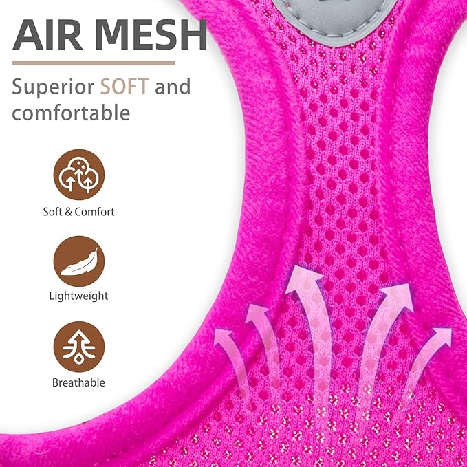 PUPTECK Adjustable Dog Harness Collar and Leash Set Step in No Pull Pet Harness for Small Medium Dogs Puppy and Cats Outdoor Walking Running, Soft Mesh Padded Reflective Vest Harnesses, Solid Pink L