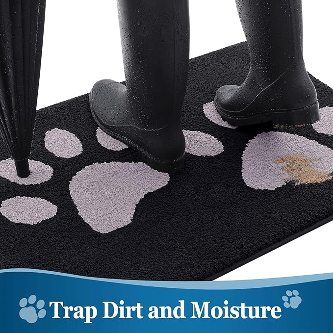 Buganda Dog Door Mat for Muddy Paws, Absorbent Dirt Trapper Washable Indoor Doormats, Non Slip Low-Profile Mud Mat for Dogs, Front Entrance Doormat for Inside Floor (40x32 Inches, Black and Grey)