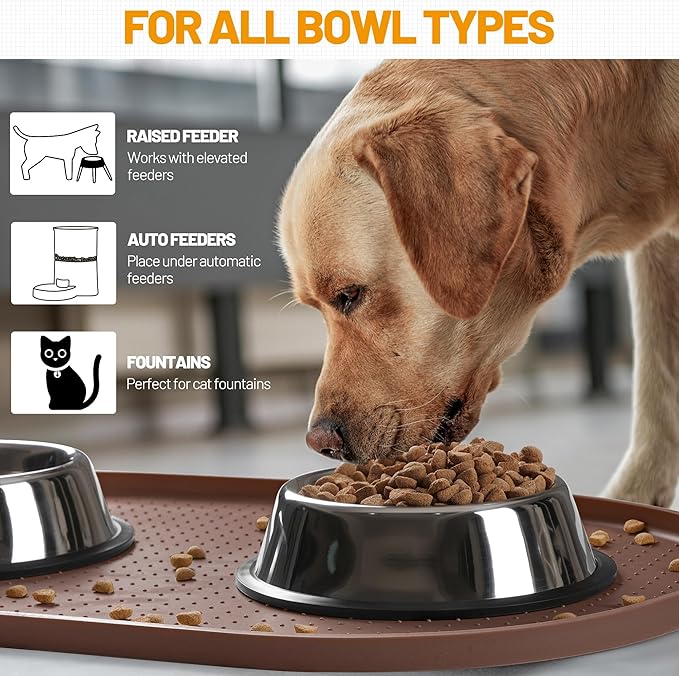 Hubulk 100% Waterproof Silicone Pet Feeding Mat with Raised Edge for Food and Water, Dog Bowl Mats, Cat Bowls Placemat with High Lip Protects Floor for Cats and Dogs (Brown, 24" L x 16" W)