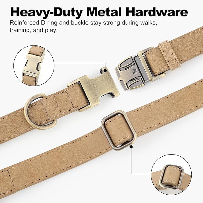 Plutus Pet Genuine Leather Dog Collar – Adjustable Pet Collar with Quick Release Metal Buckle, Soft Real Leather for Small Medium Large Dogs, Heavy Duty & Skin-Friendly (Beige, S)