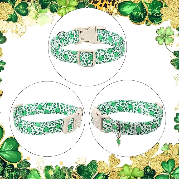 St Patricks Day Dog Collar for Medium Dogs - Leopard Lucky Clover Dog Collars, Lightweight Adjustable Irish Green Festival Shamrock Dogs Collars with Quick Release Buckle M