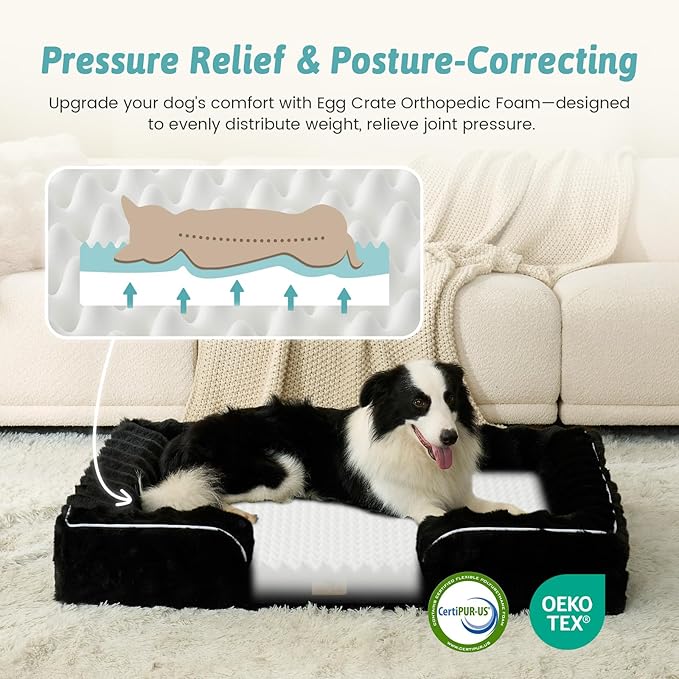 Orthopedic Dog Bed for Large Medium Size Dog, Soft and Warm Faux Fur Sofa for Pet Up to 75 lbs, Foam Bolster Anti-Slip Couch with Washable Removable Cover, L 36x27x6.5 inch, Black