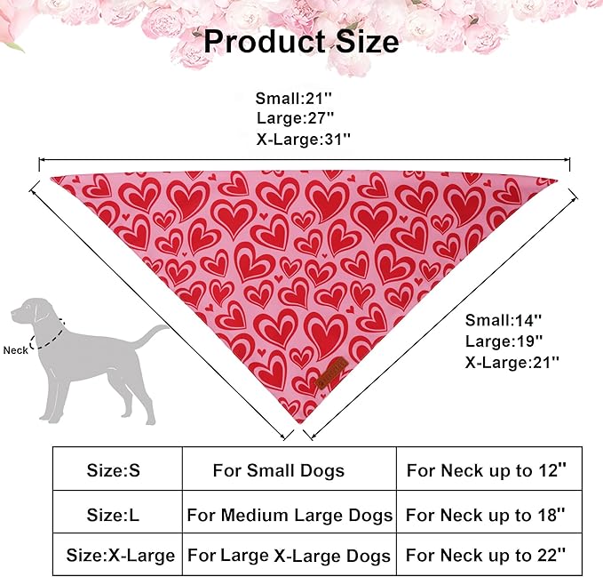 ADOGGYGO Valentine Dog Bandanas 2 Pack, Reversible Heart Love Print Pet Scarf, Premium Fabric, Adjustable Fit Pink Red Valentine Bandanas for Medium Large Dogs (Large)