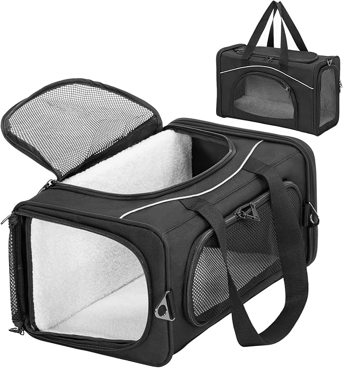 Petsfit Airline Approved Pet Carrier for Small Cats, 16.5x8.6x11 TSA Approved Carrier, with Removable Dual-Sided Padding (2-Way Placement) - Fits Under Most Airplane Seats, Escape Proof (Black)