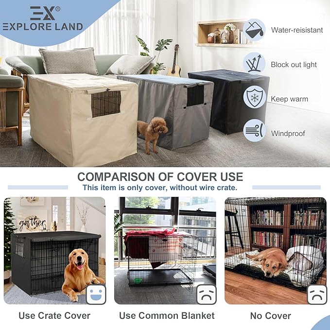 Explore Land Dog Crate Cover Heavy Duty Polyester Pet Kennel Sunshade Universal Fit for 36 inches Wire Cage (Black)