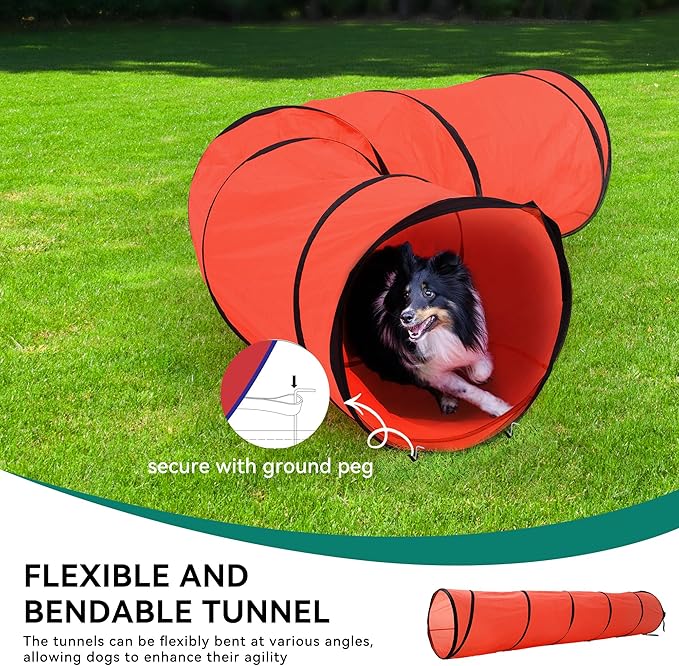 YITAHOME Dog Agility Training Equipment Set with Flexible Tunnel, Hurdle, Jump Ring, 6 Weave Poles, Pause Platform, Teaser Pole and Carry Bags for Indoors Outdoors, Orange/Blue