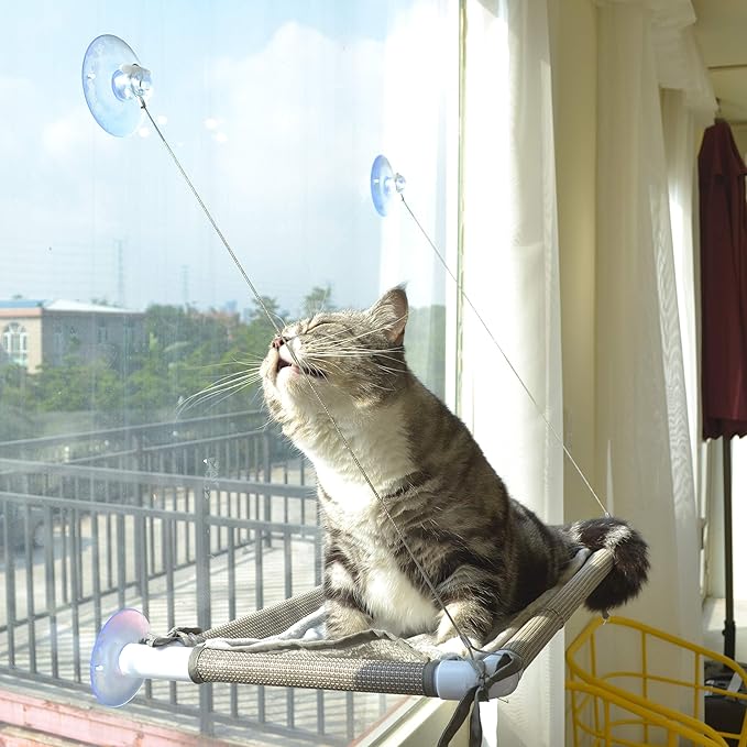 Cat Window Hammock – Mess-Free Waterproof Cats Window Perch for Large Cats, Strong Suction Cup Hammock with Flannel Cover, Indoor Cat Seat, Beige