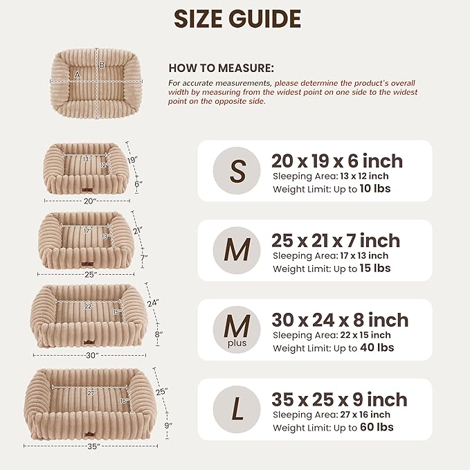 Washable Dog Bed for Small Medium Dogs - Rectangle Orthopedic Corduroy Fleece Pet Bed with Removable Cover and Nonskid Bottom, Calming Puppy Bed Soft Pet Sofa, Camel(20x19x6inchs)