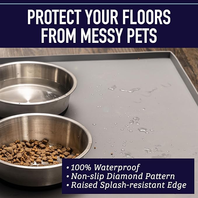 Leash Boss Dog Food Mat - Waterproof Non-Slip Dog Bowl Mat - Raised Lip Spill Containment Pet Feeding Pad - Dishwasher-Safe Silicone Tray - XXL, 30" x 22", Gray