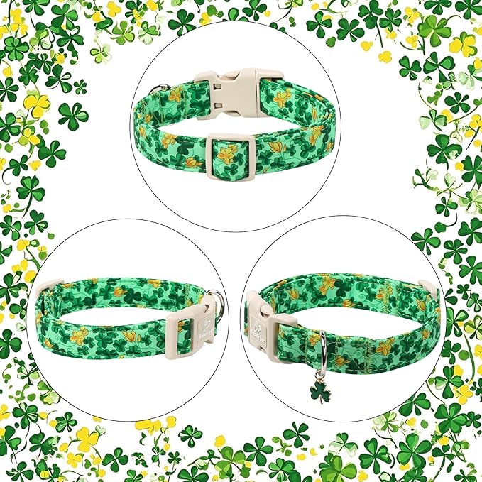 St. Patrick's Day Dog Collar for Large Dogs - Green Shamrock & Yellow Flower Print Dog Collars, Cute Irish Party Puppy Collar, Lightweight Adjustable St. Patricks Day Pet Collars XL