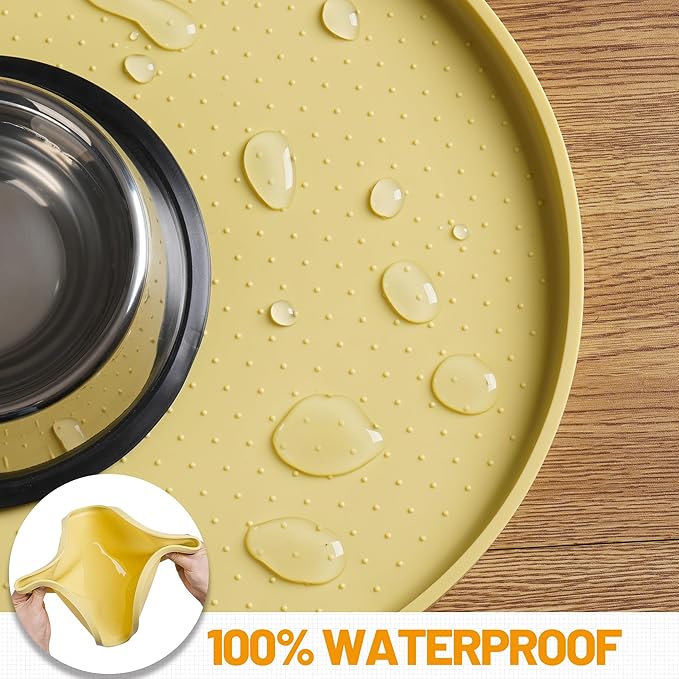 Hubulk 100% Waterproof Silicone Pet Feeding Mat with Raised Edge for Food and Water, Dog Bowl Mats, Cat Bowls Placemat with High Lip Protects Floor for Cats and Dogs (Yellow, 24" L x 16" W)