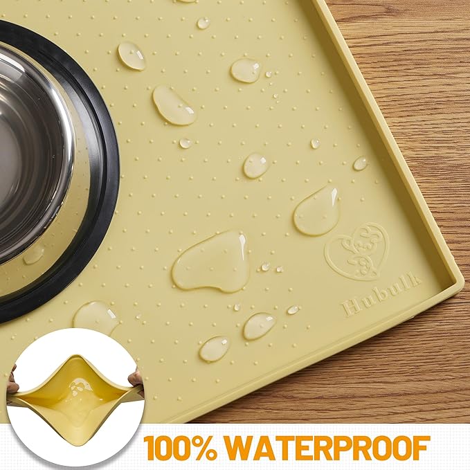 Hubulk Dog Feeding Mat,100% Waterproof Food Grade Silicone Pet Food and Water Bowl Placemat,Dishwasher, High Raised Edge to Prevent Spills,Nonslip Tray to Stop Messes on Floor (24"x16"x0.5", Yellow)