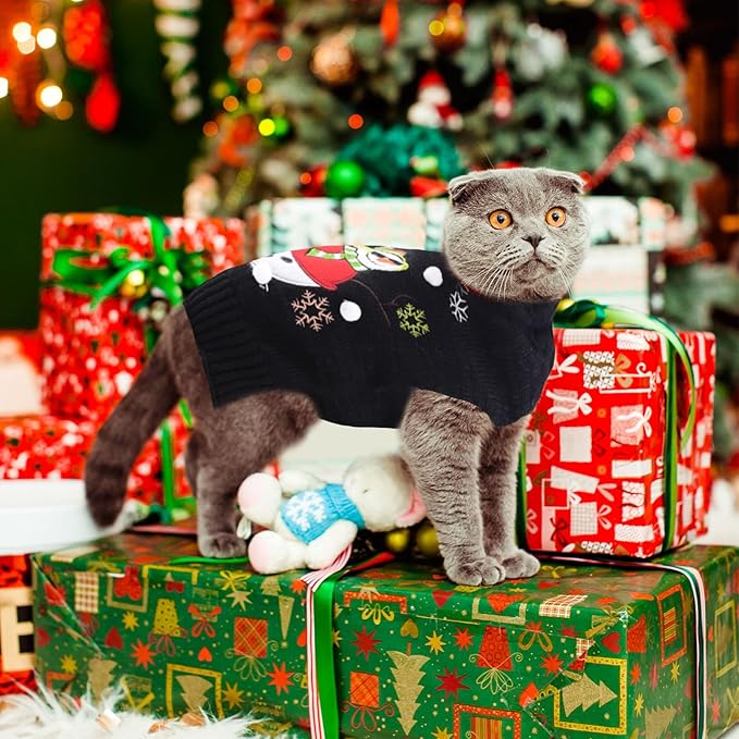Christmas Dog Sweaters Xmas Pet Outfit Clothes Cute Black Snowman Costume Puppy Cat Knitted Jumpers (M,Black Snowman)