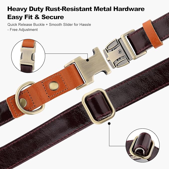 Plutus Pet Genuine Leather & Hemp Dog Collar – Adjustable Heavy Duty Pet Collar with Quick Release Metal Buckle, Soft & Stylish for Puppy and Small, Medium, Large Dogs (Copper Brown, M)