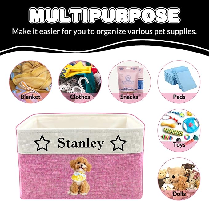 Personalized Dog Toy Storage Basket Custom Dog Name Photo Cat Pet's Gift Baskets Collapsible Organizer Box Foldable Storage Basket with Handle for Toys, Coats, Clothing, Blankets, Brown