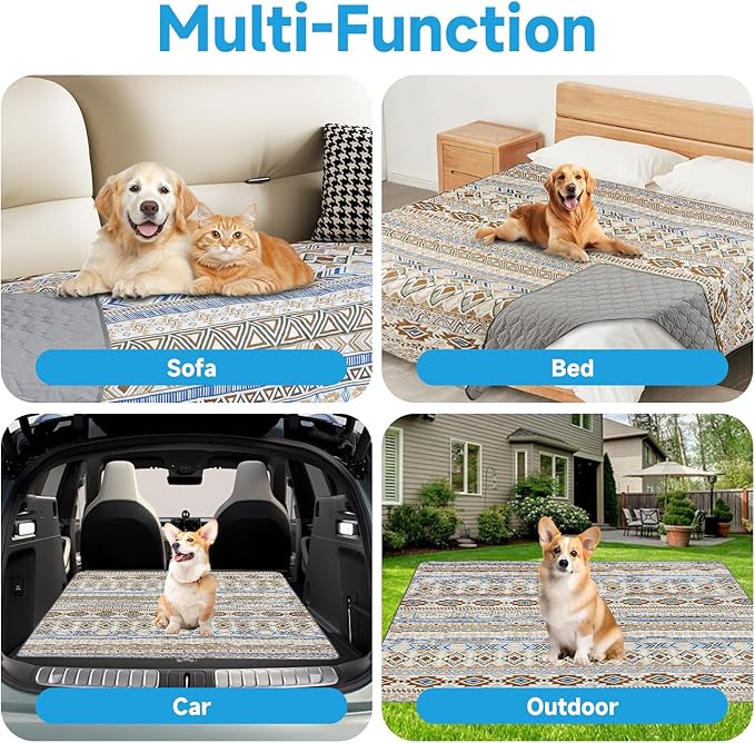 Waterproof Dog Blanket, Bohemian Dog Bed Cover Pet Blanket, Reversible Sofa Couch Cover for Dogs Washable, Protect Furniture Bed Couch Sofa for Puppy Cat (Beige Medallion, 68×82 Inch)