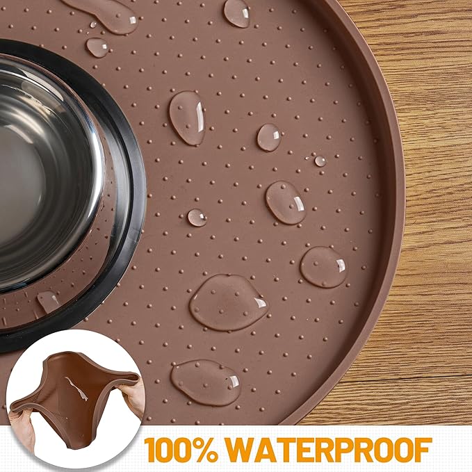 Hubulk 100% Waterproof Silicone Pet Feeding Mat with Raised Edge for Food and Water, Dog Bowl Mats, Cat Bowls Placemat with High Lip Protects Floor for Cats and Dogs (Brown, 24" L x 16" W)