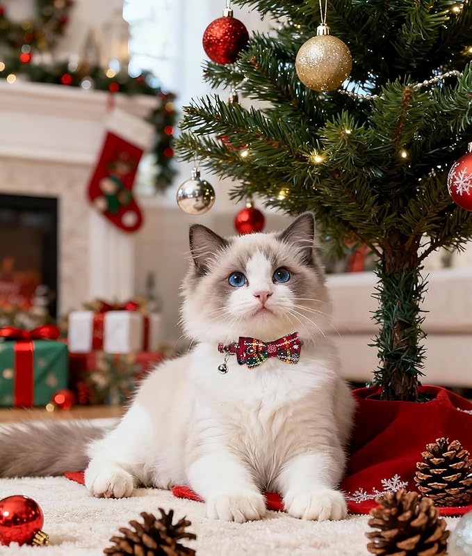 Joytale Upgraded Christmas Cat Collar with Bells, Breakaway Cat Collars with Bow Tie, 1 Pack Girl Boy Safety Plaid Kitten Collars, Christmas Red