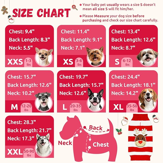 Dog Christmas Sweater Cute Striped Reindeer Xmas Pet Clothes Holiday Puppy Cat Costume New Year Gifts for Small Medium Large Dogs Jumpers (L, Red White Stripe Reindeer)