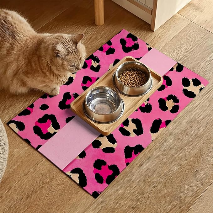 Puppy Feeding Mat 20x12 inch Pink Leopard Print Dog Bowl Placemat Non Slip Mat for Pet Food and Water Small Dog Feeding Area Indoor Puppy Feedings Station Pet Meal Mats for Kitchen