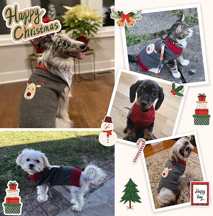 Dog Christmas Sweater Xmas Pet Clothes Cute Gray Reindeer Holiday Puppy Cat Costume New Year Gifts for Small Medium Large Dogs Jumpers (L, Gray Reindeer)