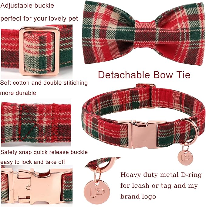 Christmas Plaid Dog Collar with Bow Tie– Adjustable Red & Green Checkered Dog Collar for Small Medium Large Dogs, Soft Xmas Plaid Puppy Collars with Quick Release Buckle L