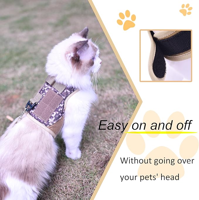Tactical Kitty Harness and Leash for Walking Escape Proof, Desert Camo, Small, Adjustable Cat Walking Jackets, Padded Stylish Cat Vest for Winter