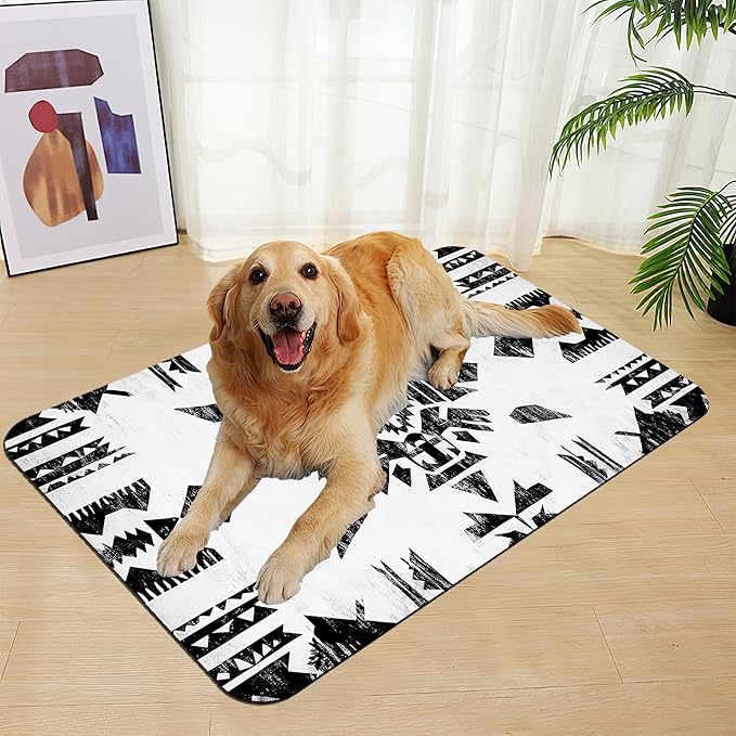 Black Boho Art Dog Food Mat–Christmas Stocking Absorbent Quick Dry Feeding Placemat for Food and Water Bowls, Non Slip Rubber Backing, Waterproof Pet Supplies for Mess-Free Eating 16"x24"