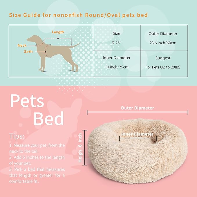 Calming Donut Dogs Beds for Small Dogs Washable,23inch Plush Round Pet Bed for Cozy Sleep,Fluffy Faux Fur Large Cat Bed,Fits up to 25 lbs Pets,Beige