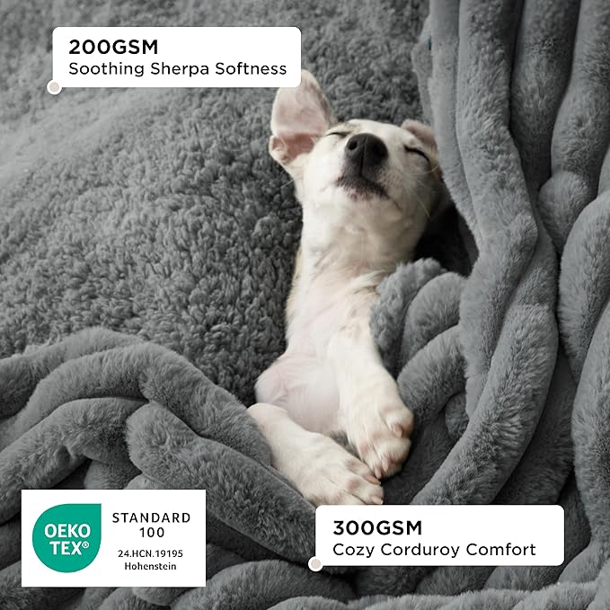 Bedsure ComfyFleece™ Waterproof Dog Blankets for Medium Dogs - Soft Puppy Cat Blanket Corduroy Fleece Washable, Cozy Calming Reversible Furniture Protection for Pet Kitten Doggy,30"x40", Warm Grey