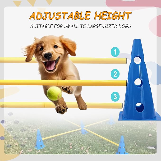 Dog Agility Hurdle Cone Set, Dog Agility Set Include 12 Agility Cones 6 Agility Rods, Dog Agility Equipment with Carry Bag(Blue+Orange+Yellow)