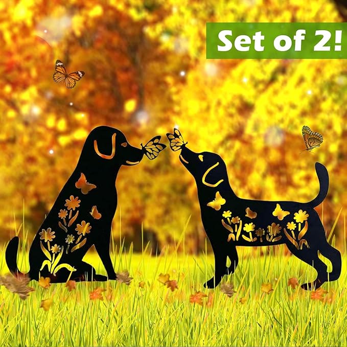 2 Pack Metal Dog Garden Decor for Outside - Unique Dog Statues, Decorative Garden Stakes, Labrador Pet Gifts for Women/Men, Silhouette Yard Art, Ideal for Decorating Backards, (11in)