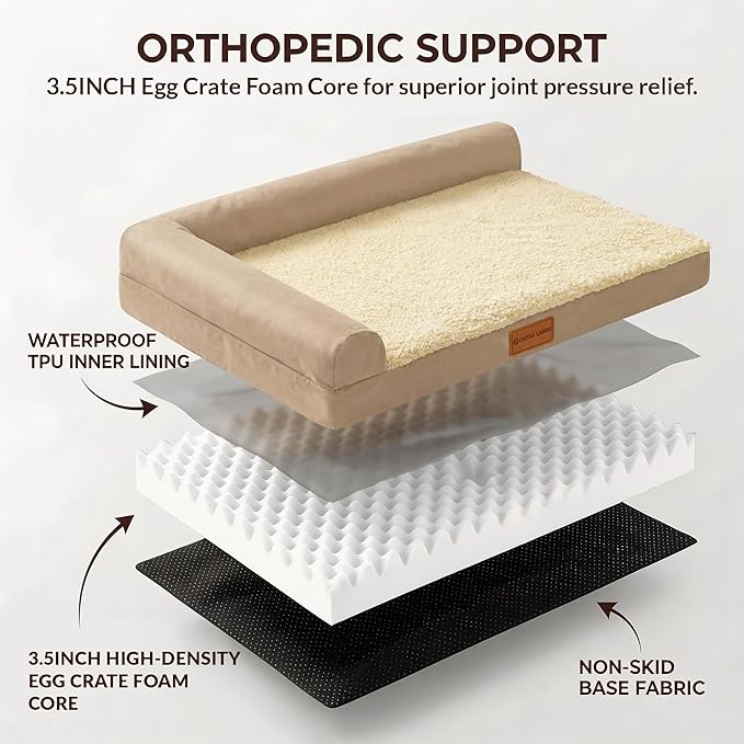 Patas Lague Orthopedic Dog Bed Medium Size Dog 30''X20'', Waterproof L Bolster Medium Pet Sofa Beds with Removable Washable Cover, Soft Comfortable Pet Couch Crate Mat with Nonskid Bottom, Cream