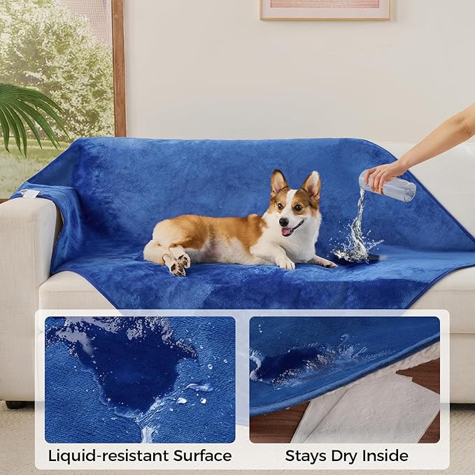 Sunheir Waterproof Blanket for Queen Size Bed - 90"x86" Soft Reversible Sherpa Fleece Flannel Dog Blankets for Large Dogs, Pet Blanket for Bed, Couch, Soft Plush Furniture Protector, Blue